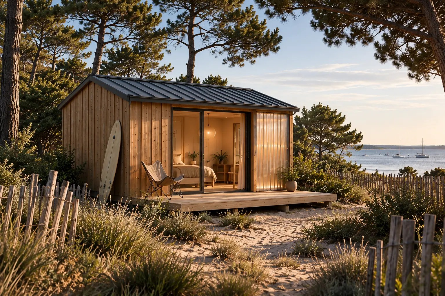 Cabanon en construction modulaire bois préfabriquée, bardage vertical posé sur pilotis dans une pinède du Cap Ferret