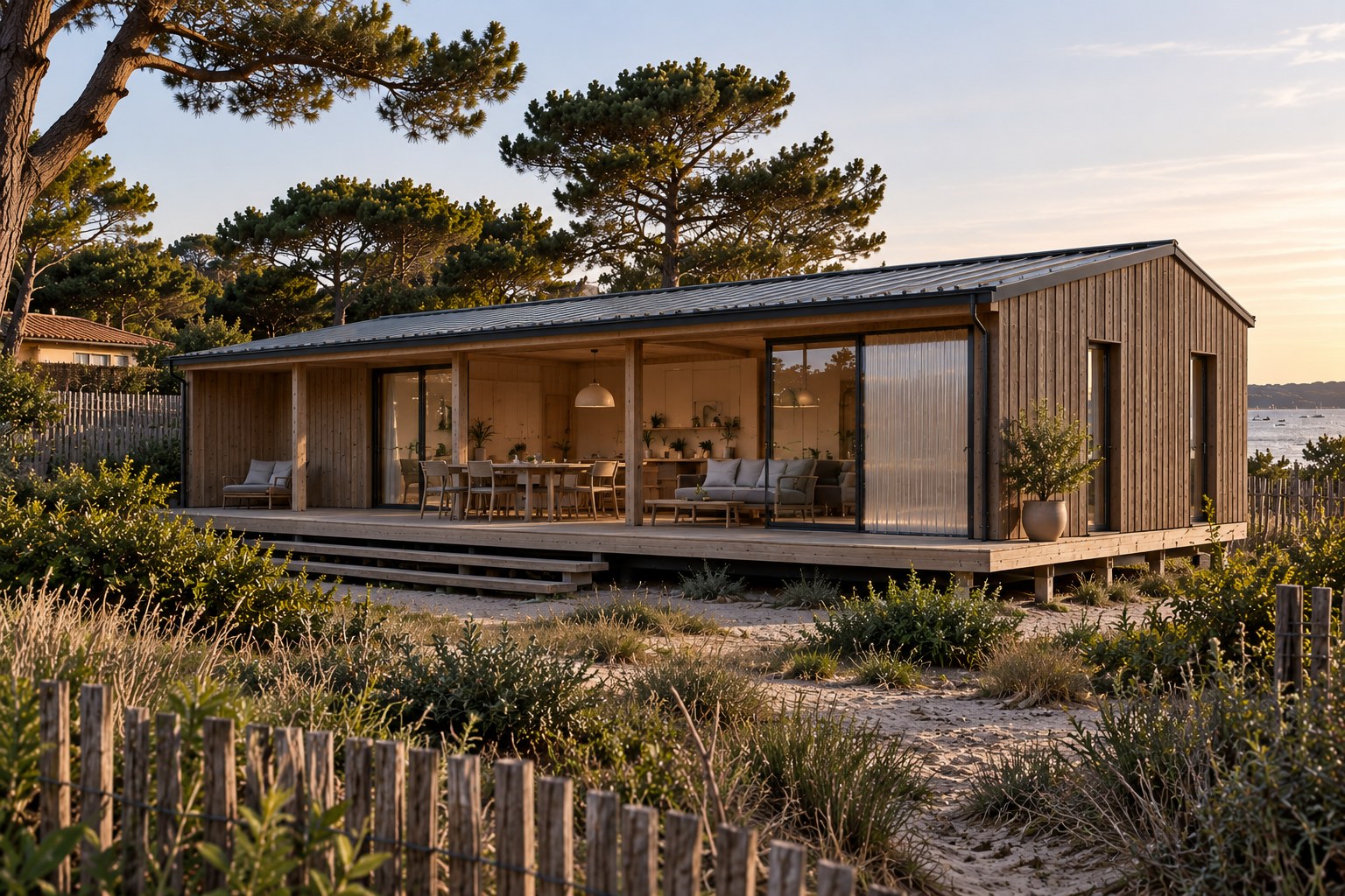 Module bois L'Herbe, maison de 70 m² en bardage bois clair, toiture zinc et longue terrasse traversante face au Bassin, Cap Ferret