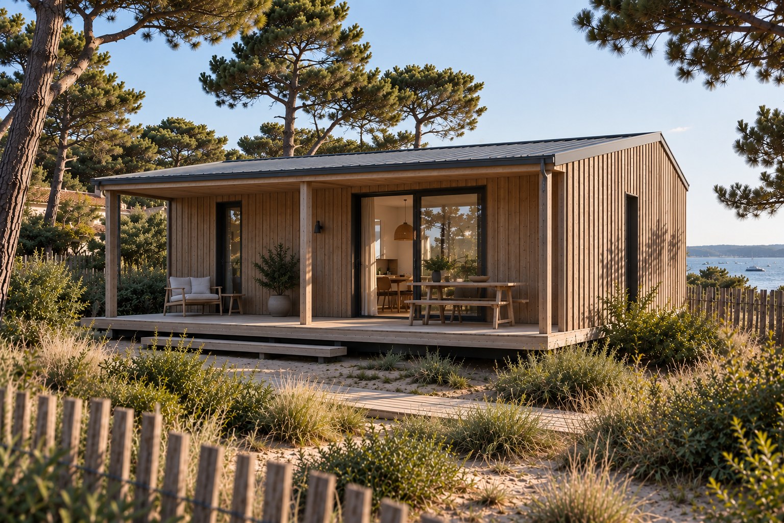 Module bois Piraillan, cabanon de 40 m² en bardage bois clair vertical, auvent et terrasse abritée sous les pins du Bassin d'Arcachon