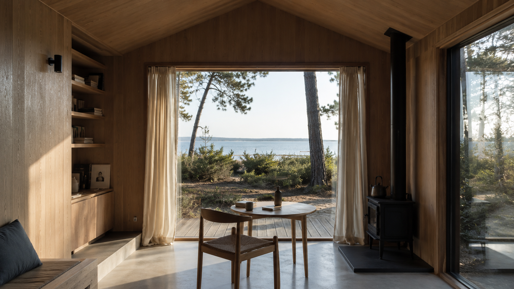 Intérieur de Double Horizon, séjour bois ouvert sur le Bassin d'Arcachon