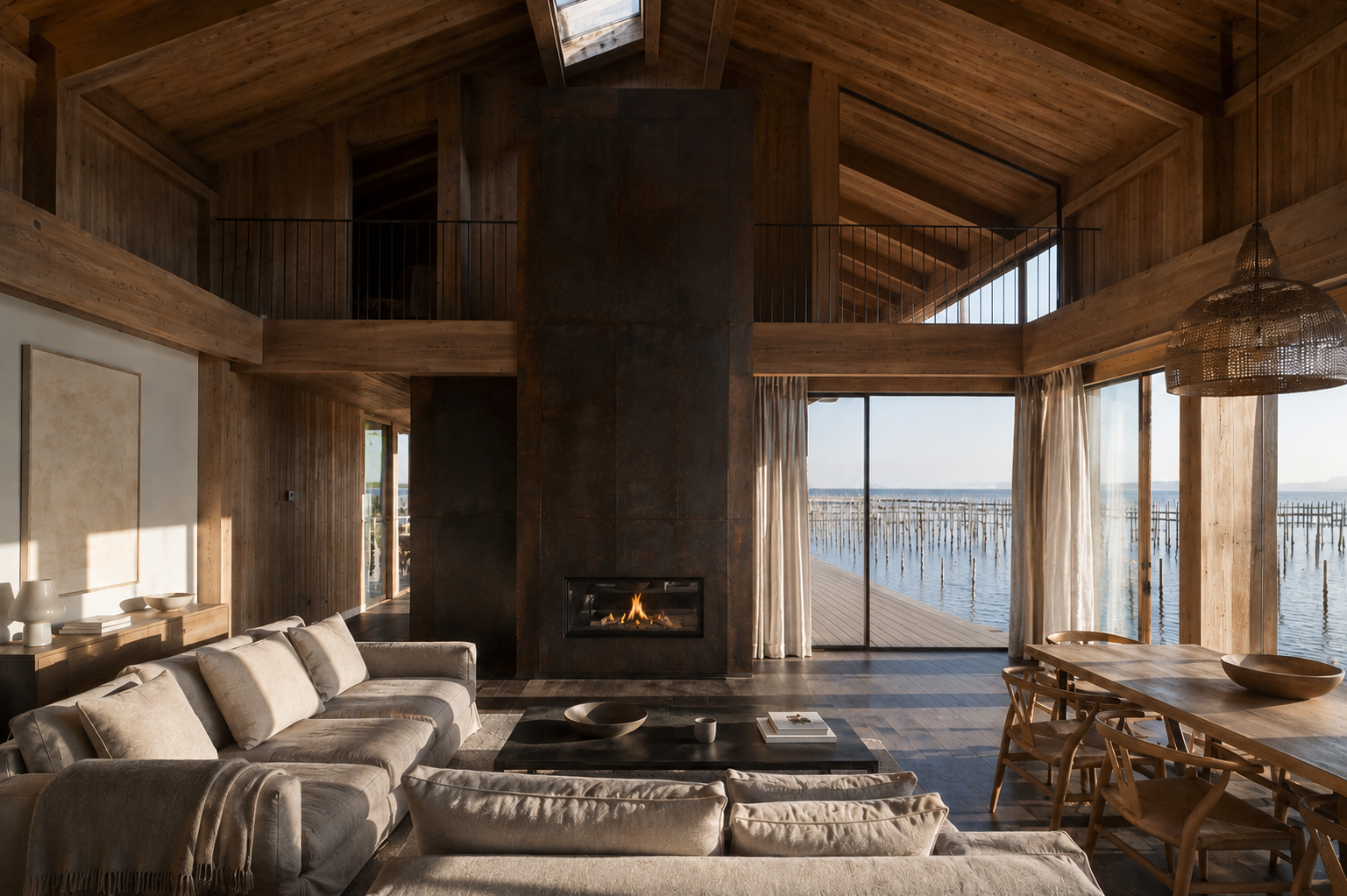 Intérieur bois de L'Ostréale ouvert sur le Bassin d'Arcachon