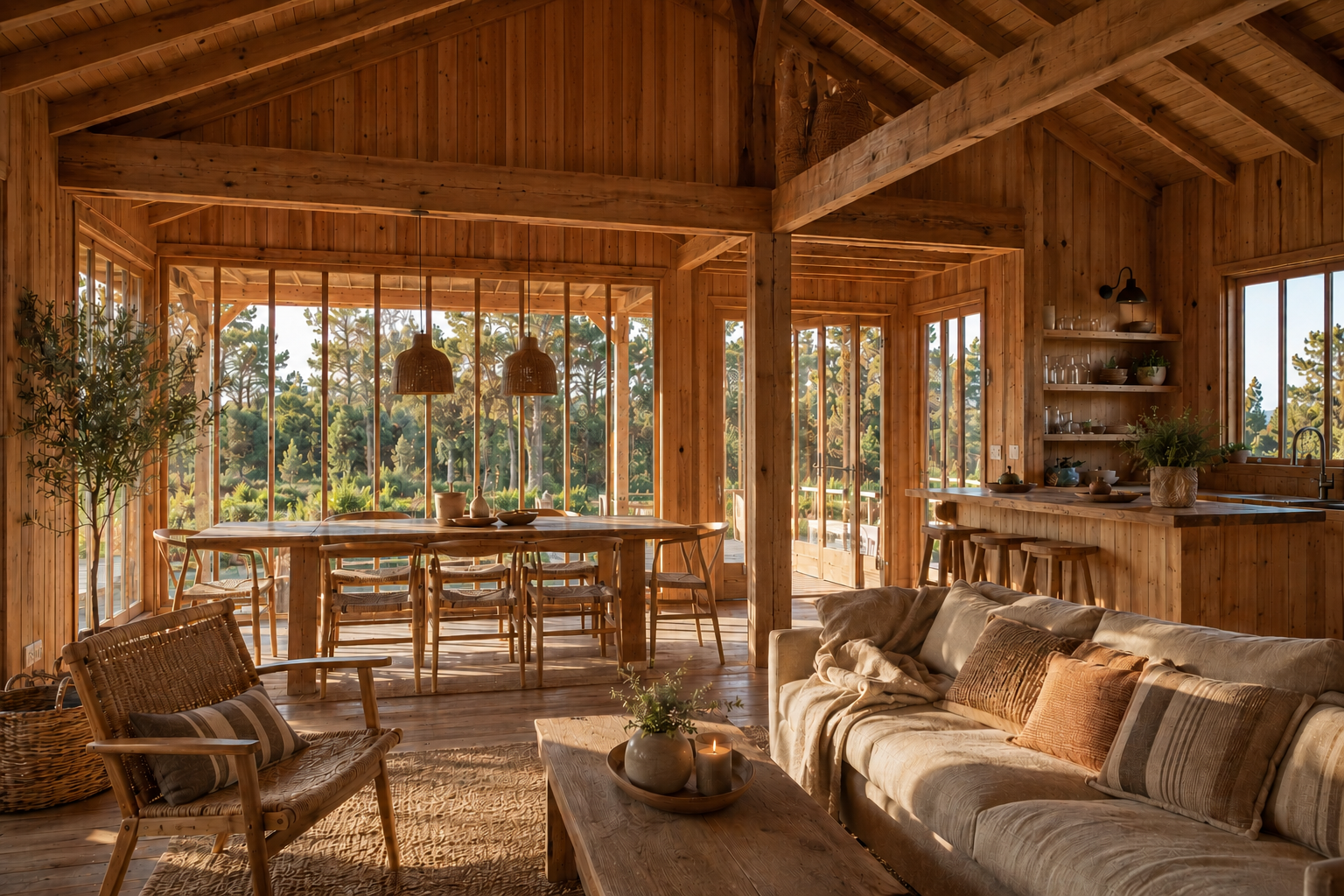 Intérieur de Pare-Feu en bois clair avec grande baie ouverte sur la forêt