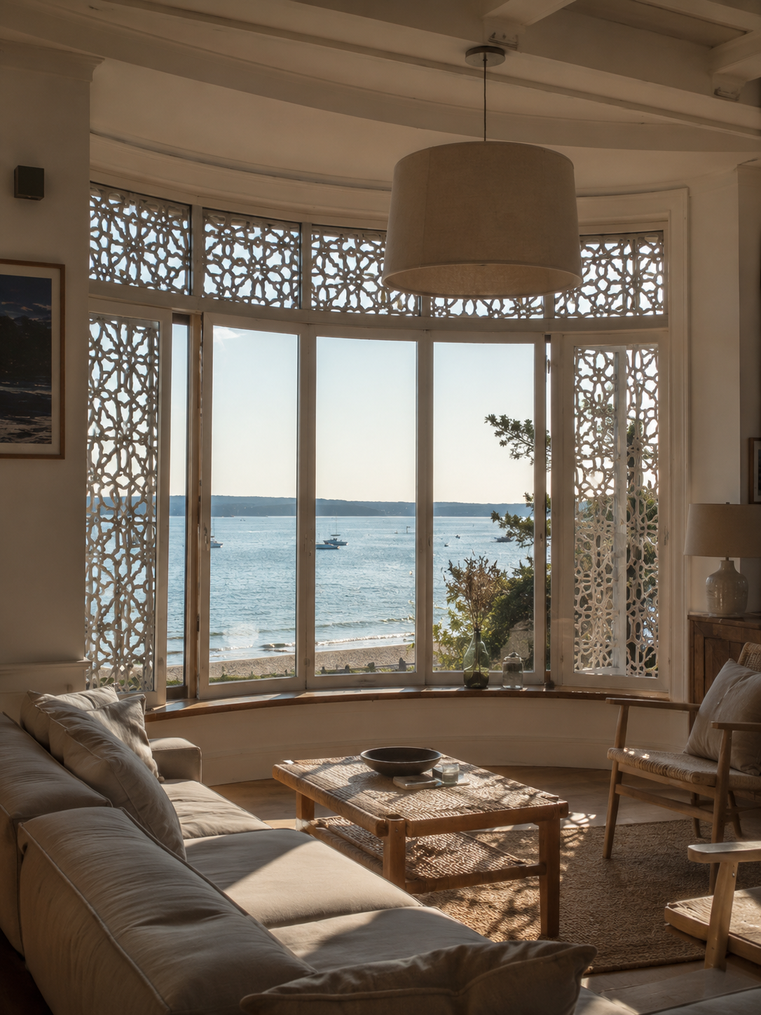 Salon de la villa arcachonnaise — bow-window face au Bassin d'Arcachon