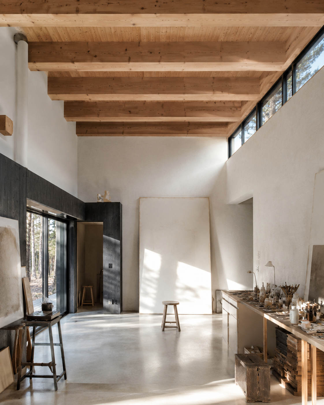 Atelier intérieur blanc de la maison Suie au Petit Piquey
